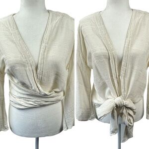 NSF‎ Off White X-Small P Long Sleeve Cardigan Wrap Top Textured Hook & Eye Tie